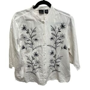 Erika linen button up shirt white womens medium embroidered floral coastal